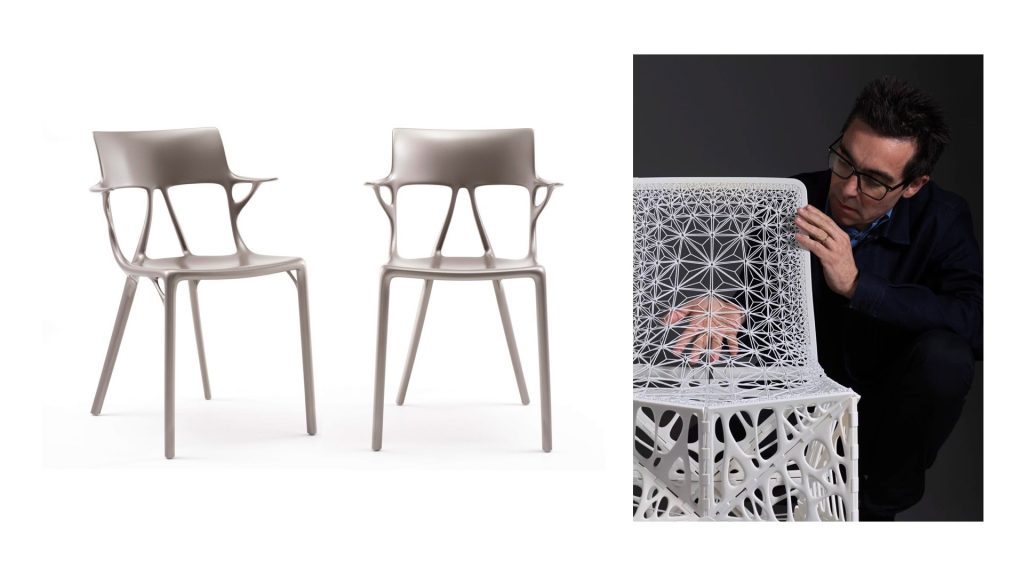Two chairs designed with AI already in 2019. Left: Philippe Starck AI chair for Kartell + Autodesk. Right: Patrick Jouin’s Tamu chair designed for Dassault Systèmes / AI vs the human designer: an empirical test