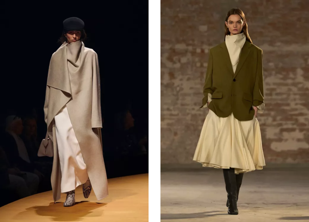 Asymmetric Overcoat from Khaite FW25 (left) & Oversized Blazer with Skirt from Ami FW25 (right) | Vogue Scandinavia