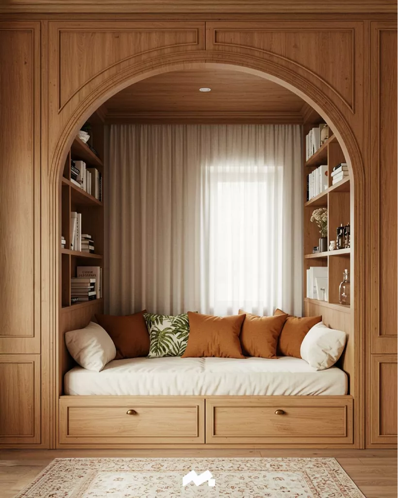 Cozy mini library tucked in a bay window with seating | Mavera