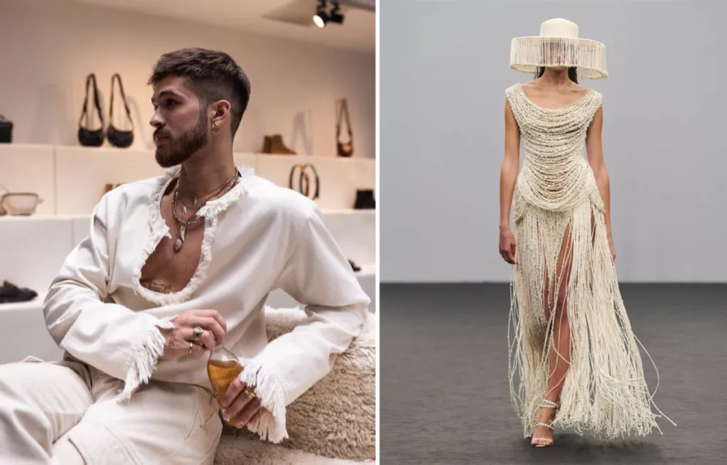 Fringe-detailed cotton linen shirt by Di Giacomo Atelier (Left) & Pearl fringe dress from Krésha Bajaj's SS 2026 (Right) | N