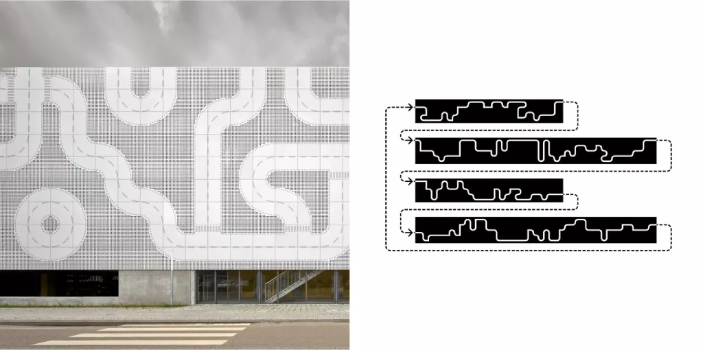 Facade Design Interprets the Iconic Lego City Road Plates  | CEBRA