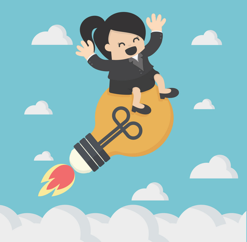 Business Woman floating on sky with light bulb