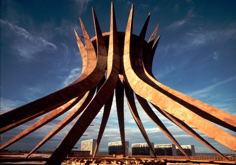 Concrete framework for 108-ft- high, 197-ft-diameter conical RC cathedral designed by architect Oscar Niemeyer.