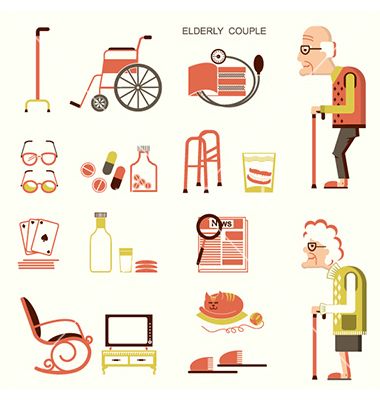 Elderly people and objects for pensioners.Vector flat design icons