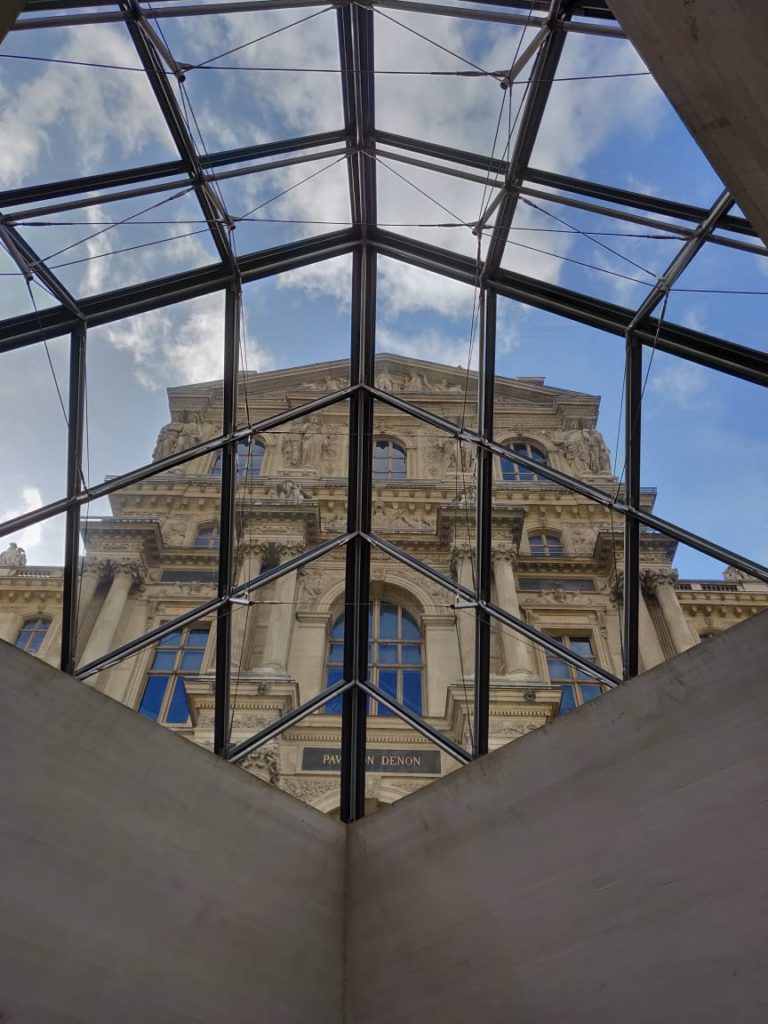 From inside the glass pyramid at Louvre Museum, Paris