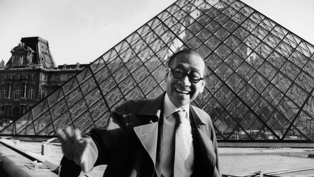 Architect I.M. Pei in front of the Glass Pyramid at Louvre Museum, Paris