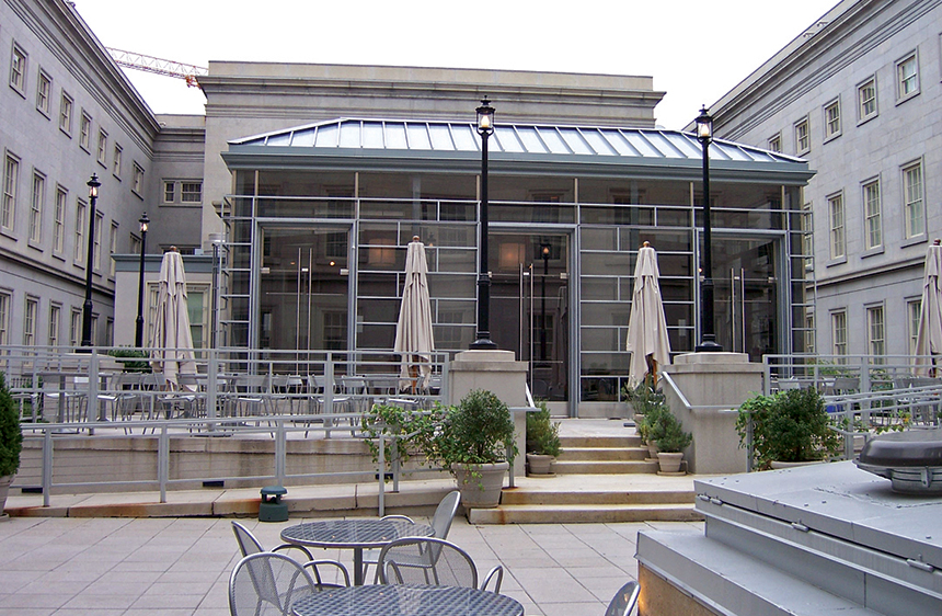 A glass and metal structure was constructed in the courtyard as a restaurant when this 1839 building was converted to a hotel.